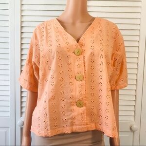 ASOS Light Orange Eyelet V-Neck Button Down Short Sleeve Shirt Size 6